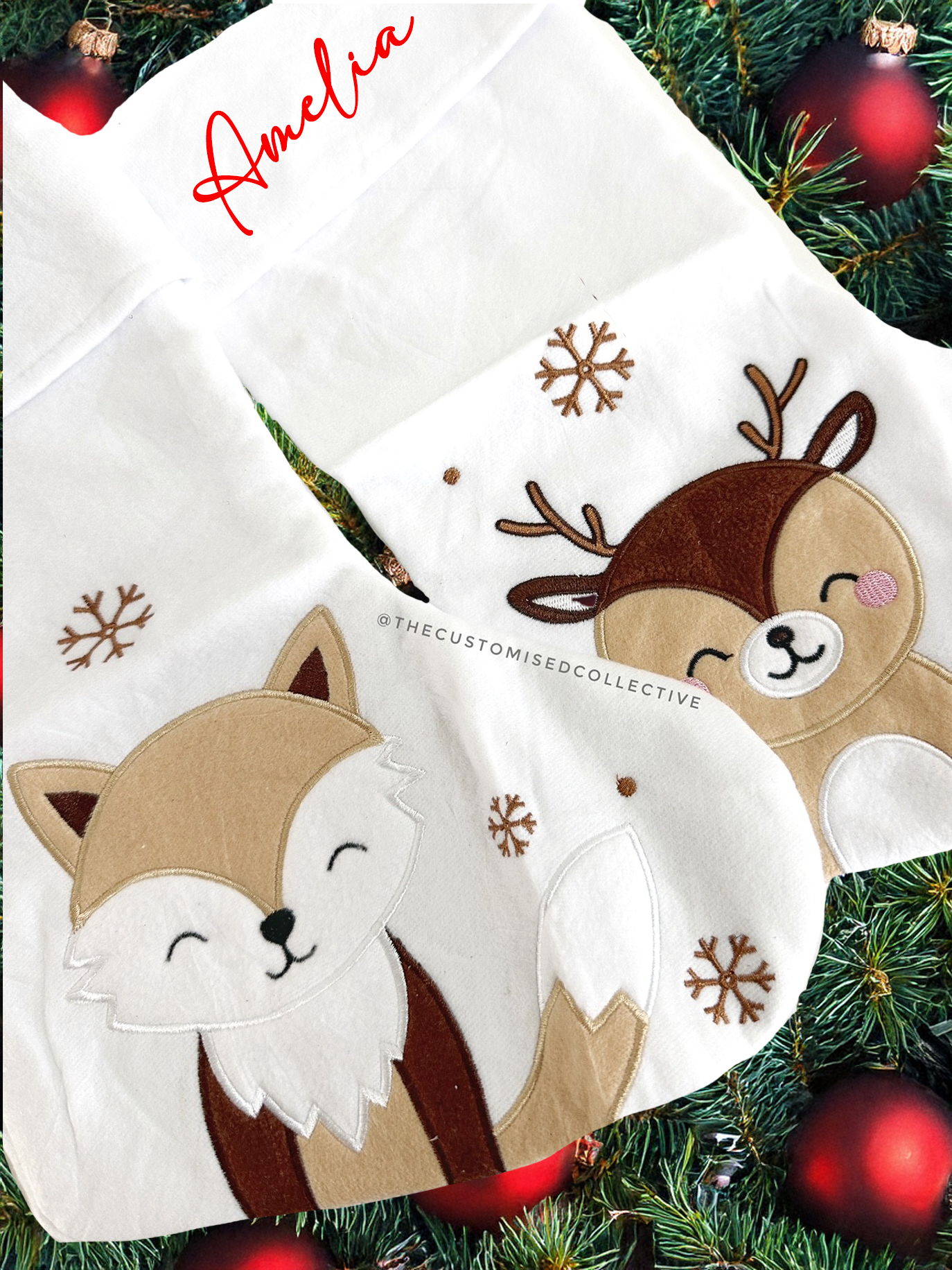 Embroidered Christmas Stockings - Fox and Reindeer - Thecustomisedcollective