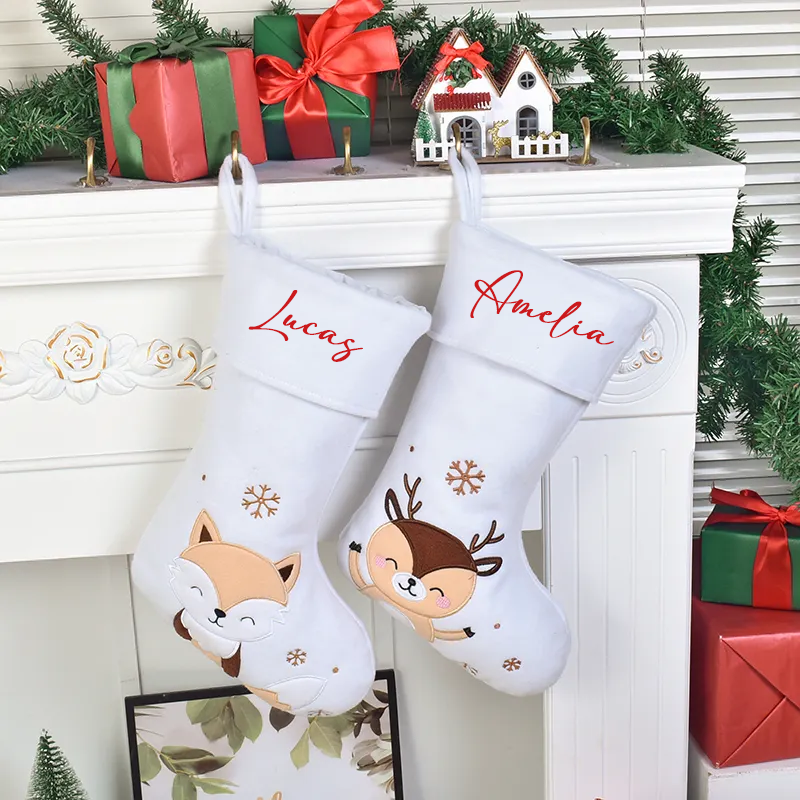 Embroidered Christmas Stockings - Fox and Reindeer - Thecustomisedcollective