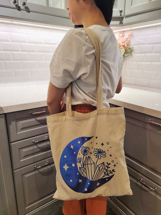 Spiritual Floral Moon Gemstone Calico Tote Bag - "Manifest"-Shopping Totes-Thecustomisedcollective-Holographic Blue-Thecustomisedcollective