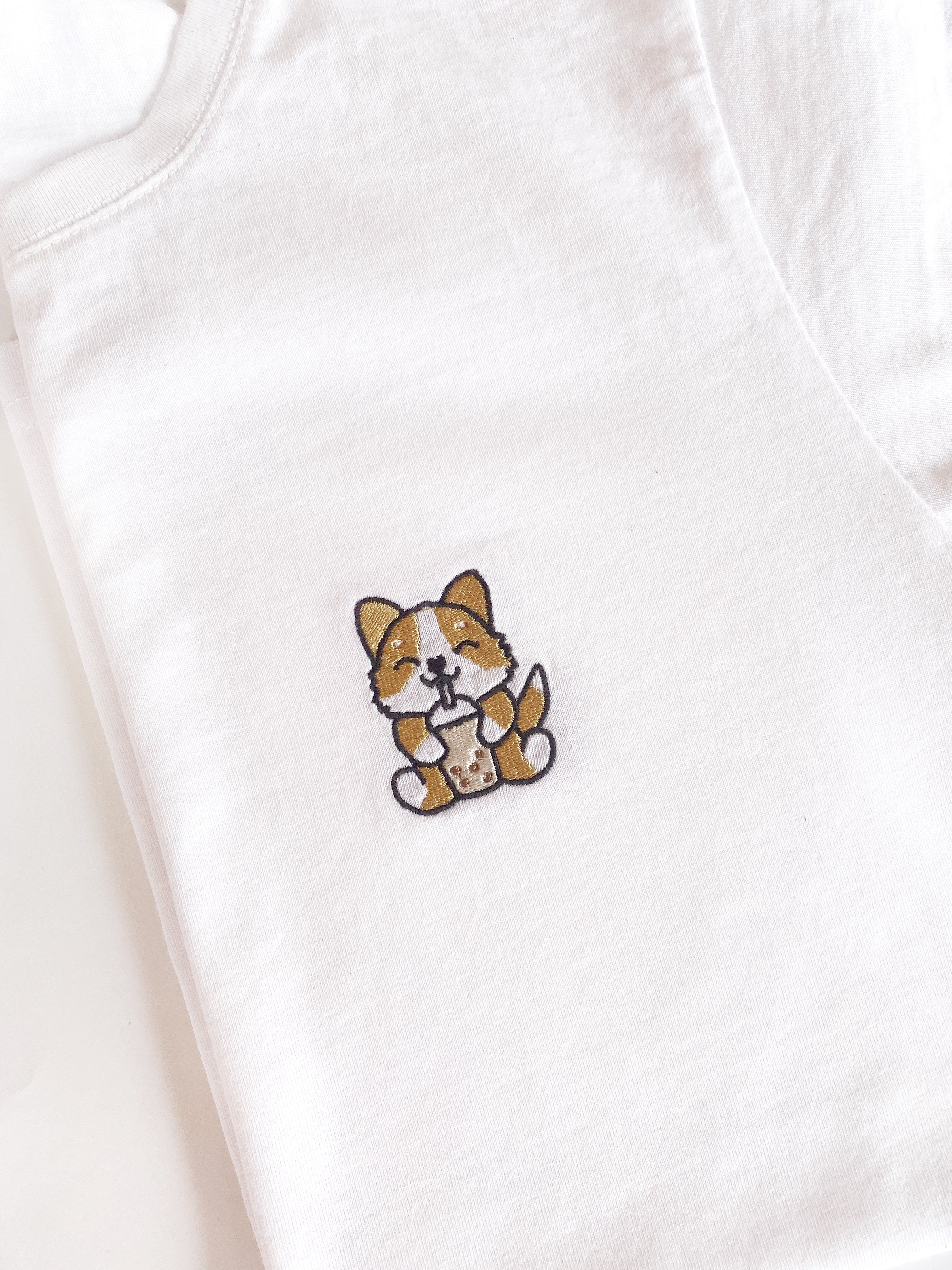 Embroidered Corgi Bubble Tea Shirt - Crewneck - Boba