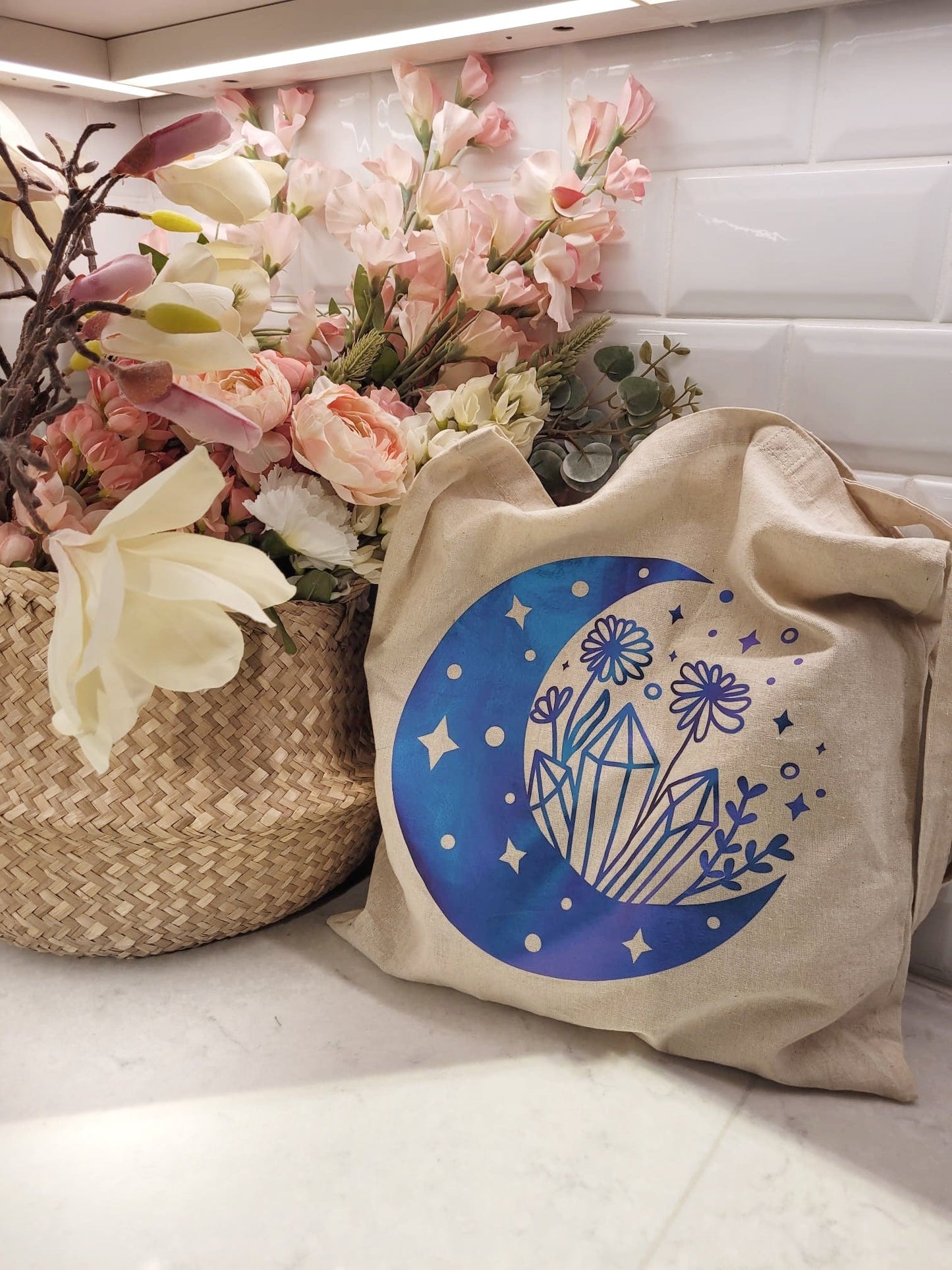 Spiritual Floral Moon Gemstone Calico Tote Bag - "Manifest"-Shopping Totes-Thecustomisedcollective-Holographic Blue-Thecustomisedcollective